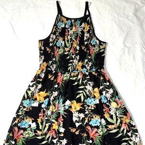 Xhilaration Black Tropical Floral Flower Short Smocked Stretch Sundress Dress L